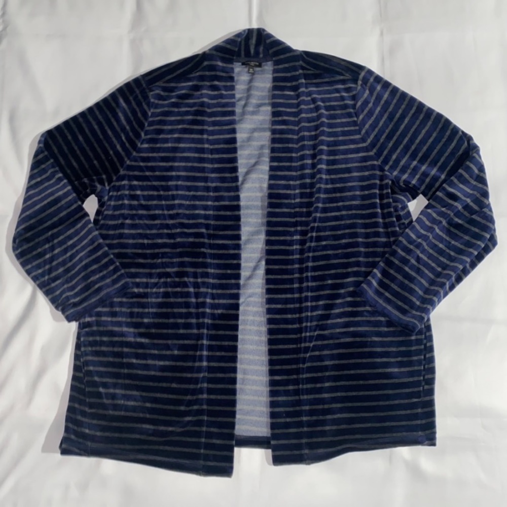 Talbots Striped Velour Navy & Gray Open Front Cardigan Sweater - Size 2X